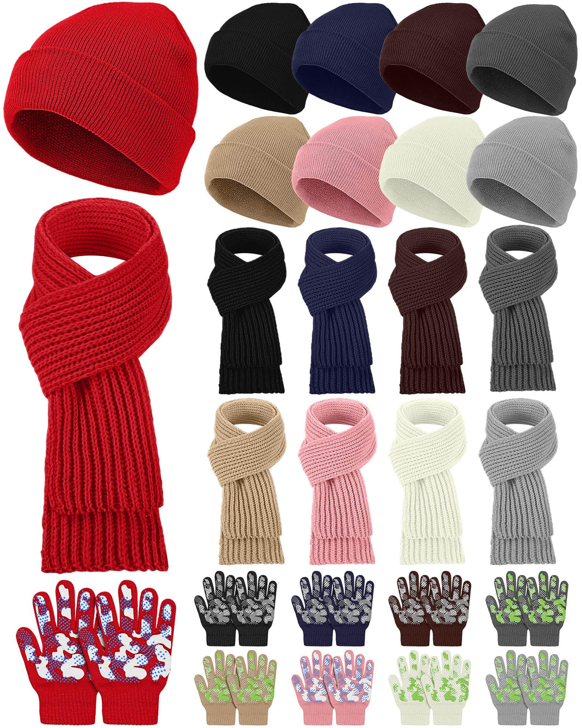 JaGely Kids Hat Gloves Scarf Winter Set, Warm Knitted Beanie Caps Scarves Gloves Bulk for Boys Girls Donation Cold Weather