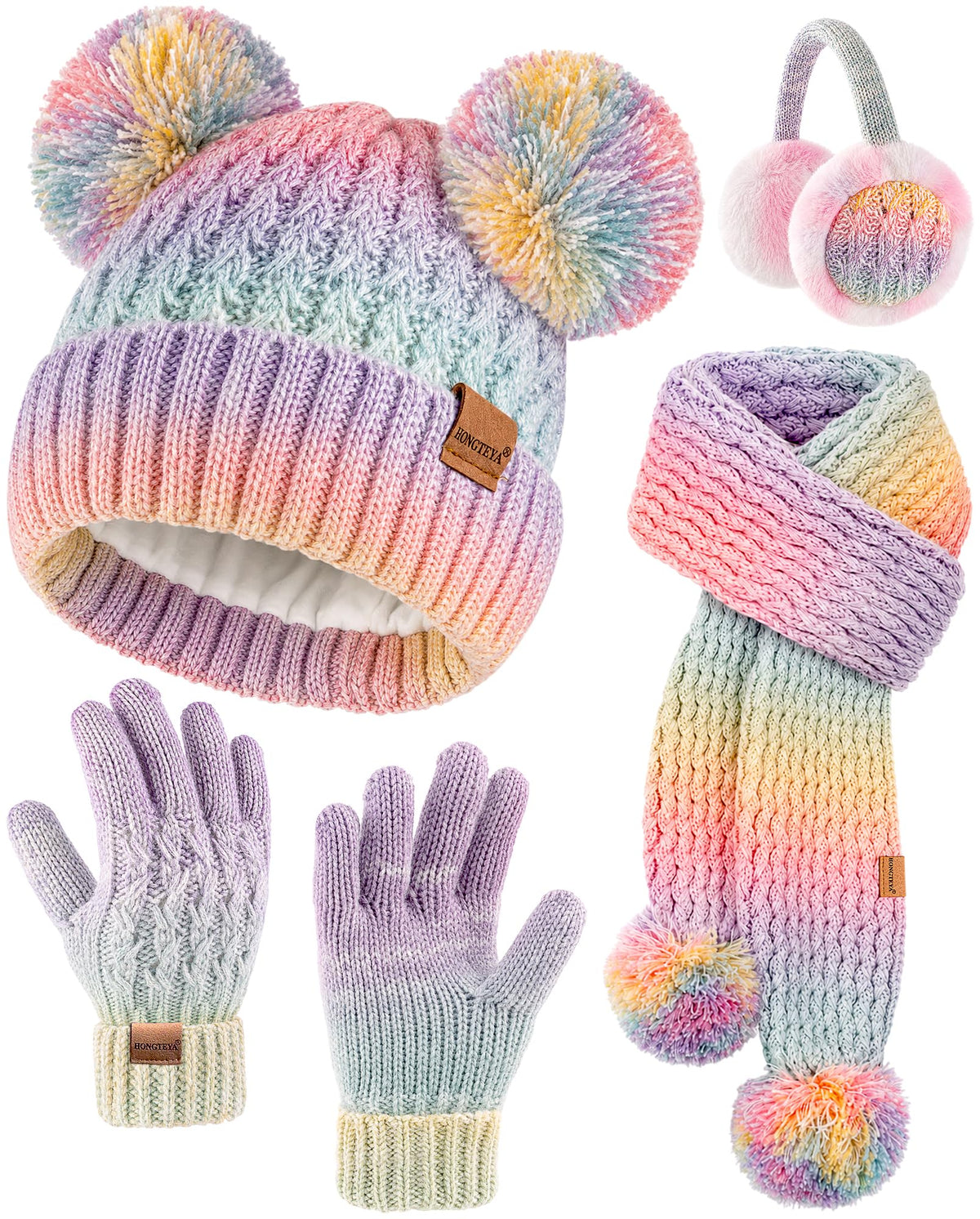 HONGTEYA 4PCS Kids Girls Winter Hat Gloves Scarf Earmuffs Set Aged 3-15Y