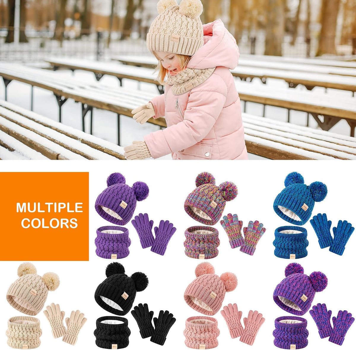 Kids Winter Hat Scarf Gloves Set Children's Warm Knit Fleece Lined Pompom Hat for Boys and Girls Ages 3-9