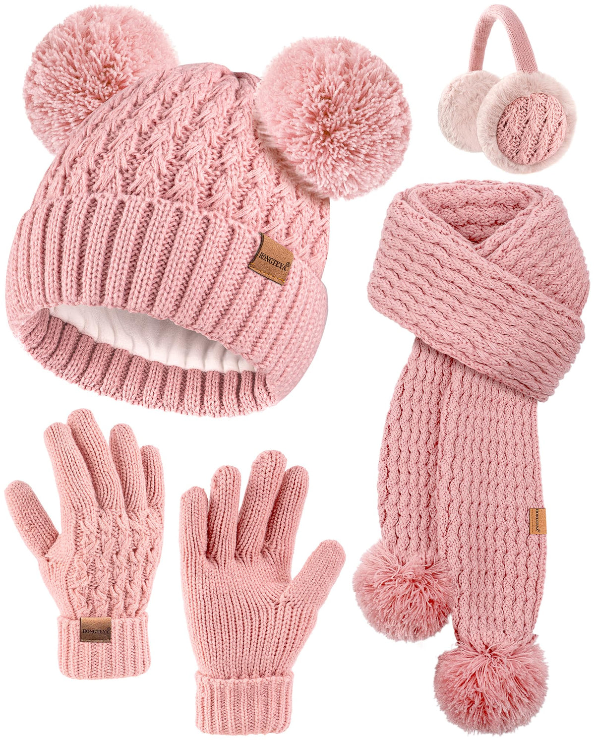 HONGTEYA 4PCS Kids Girls Winter Hat Gloves Scarf Earmuffs Set Aged 3-15Y