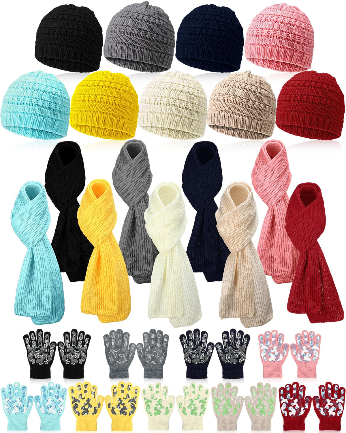JaGely Kids Hat Gloves Scarf Winter Set, Warm Knitted Beanie Caps Scarves Gloves Bulk for Boys Girls Donation Cold Weather