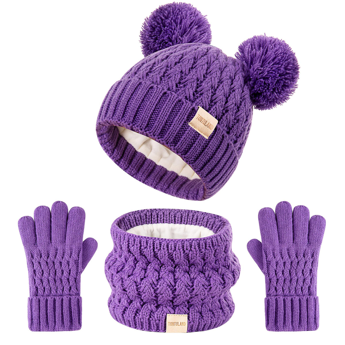 Kids Winter Hat Scarf Gloves Set Children's Warm Knit Fleece Lined Pompom Hat for Boys and Girls Ages 3-9