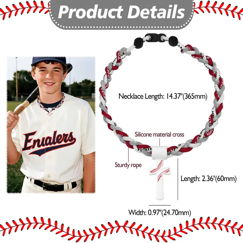 Kids' Tornado Baseball Necklace (Kids Stuff) for Boys 8-12, 18.11in Braided Triple-Rope Soft Silicone Jewelry with Cross Charm Pendant, Inspirational "I CAN DO ALL THINGS PHL4:13" Quote, White Casual Wear Gift summerwins, Motivational Quote, Comfortable F