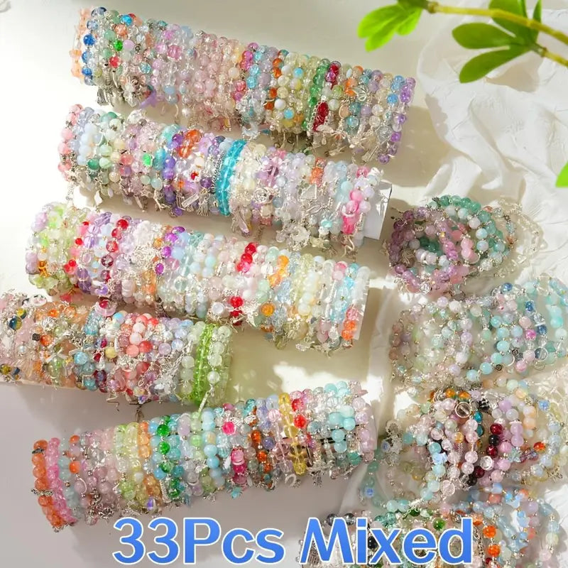 Fashion Glass Elastic Bracelet Set - 17/33Pcs Unisex Wrist Stack with Mixed Pendants (Butterfly, Stars, Cross, Bow Pendants), Flexible Band, Ideal for Daily Casual Wear, Gift-Giving, 33Pcs Mixed, Everyday Use