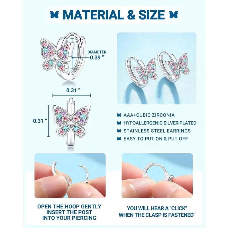 Women's Hypoallergenic Cubic Zirconia Butterfly Hoop Earrings - Lead-Free, Fade-Resistant Metal Ear Accessories, 0.39" Inner Diameter, Symbolizes Growth & Beauty, Ideal for Christmas Birthday Gifts & Daily Wear