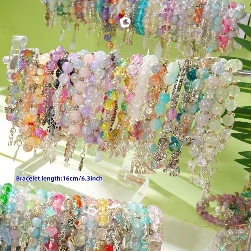 Fashion Glass Elastic Bracelet Set - 17/33Pcs Unisex Wrist Stack with Mixed Pendants (Butterfly, Stars, Cross, Bow Pendants), Flexible Band, Ideal for Daily Casual Wear, Gift-Giving, 33Pcs Mixed, Everyday Use