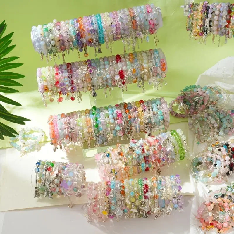Fashion Glass Elastic Bracelet Set - 17/33Pcs Unisex Wrist Stack with Mixed Pendants (Butterfly, Stars, Cross, Bow Pendants), Flexible Band, Ideal for Daily Casual Wear, Gift-Giving, 33Pcs Mixed, Everyday Use