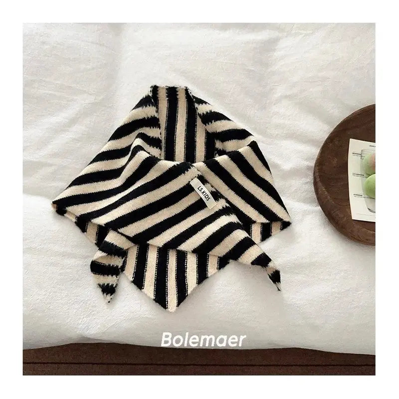 NewBaby Kids Autumn Winter Black Apricot Striped Wool Knitted Scarf Small Scarf Versatile Warm Korean Triangle Warm Soft Scarf