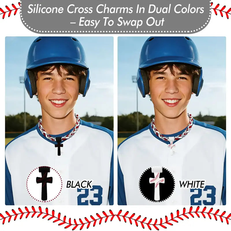 Kids' Tornado Baseball Necklace (Kids Stuff) for Boys 8-12, 18.11in Braided Triple-Rope Soft Silicone Jewelry with Cross Charm Pendant, Inspirational "I CAN DO ALL THINGS PHL4:13" Quote, White Casual Wear Gift summerwins, Motivational Quote, Comfortable F