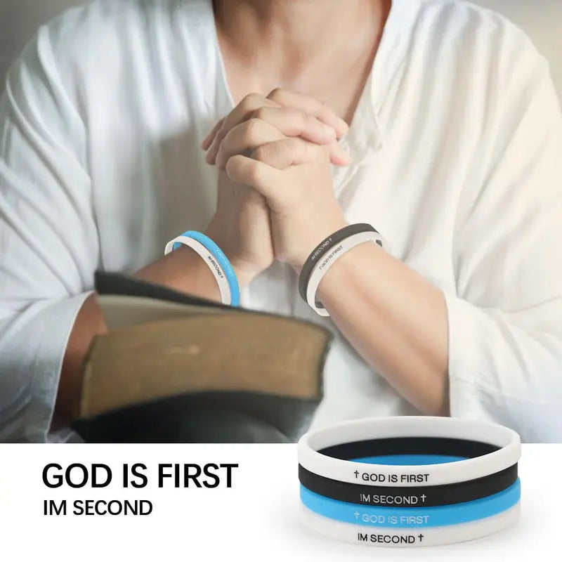 God Is First I Am Second Silicone Stretchy Bracelet - Cross Pattern, Sweatproof Elastic One Size Wristband with Motivational Bible Verses, Religious Jewelry Gift for Women