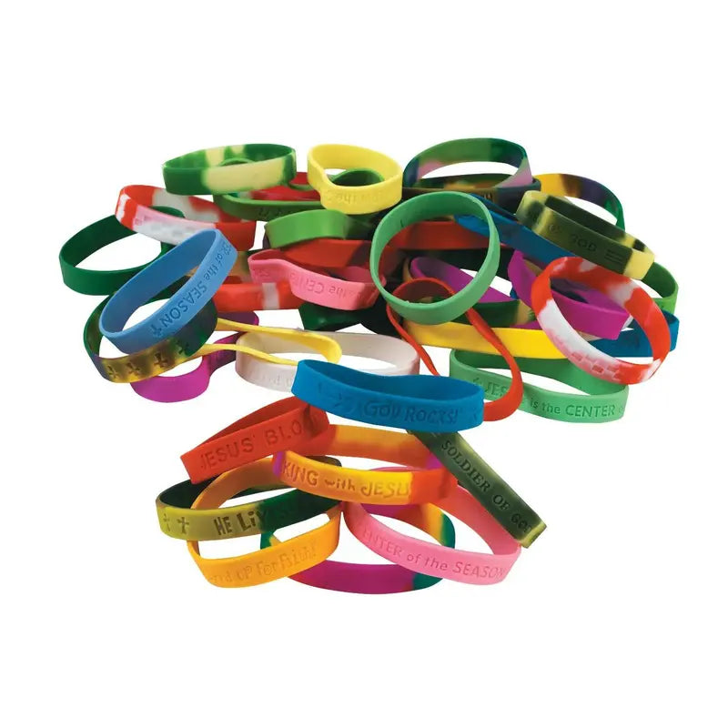 7 1/2" Bulk 100 Pc. Religious Sayings Solid Color & Patterned Rubber Bracelet Assortment