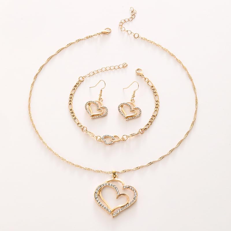 4PCS/Pack Luxury Double Heart Jewelry Set for Women, Hollow Big & Small Heart Crystal Zircon Necklace Earrings Bracelet Set, Elegant Gold Wedding Jewelry Valentine's Day Gifts