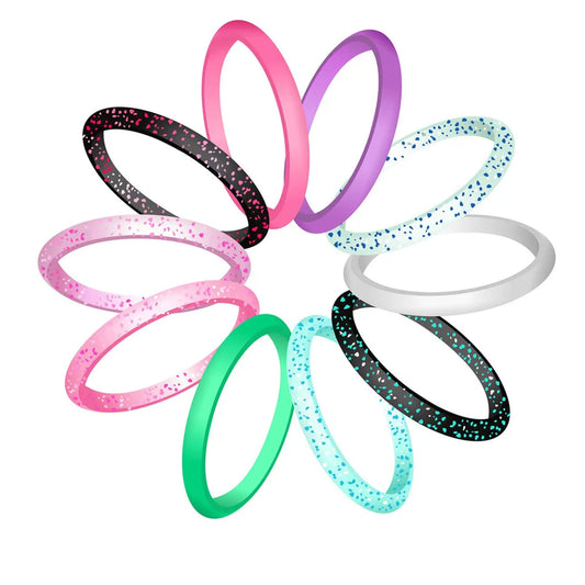 10 Pack Colorful Silicone Rings for Her, 3mm Thin Stackable Rubber Wedding Bands Women Bright Colors Hypoallergenic Pinky Ring US Size 4-10, Stacking Rings, Cute Rings