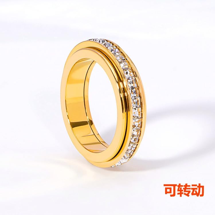 Pingyongchang Titanium Steel Spinner Fidget Band Rings for Women Men Cubic Zirconia Rotatable Anxiety Relief Ring Wedding Promise Statement Jewelry Sizes 5-12