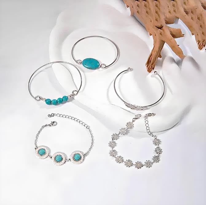 5Pcs Bracelet Chain for Women Turquoise Bracelets Sterling Fashion Wristband Chain Floral and Leaf Bangle