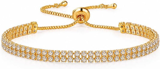 Caiyao Tennis Chain Rhinestone Beads Slider Bracelet 14K Gold Silver Plated Adjustable Crystal Seed Bracelet for Women Wedding Party Geometric Jewelry Gift