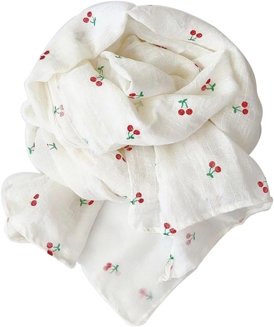 Summer Soft Cute Print Scarf for Kids Boy Girl Casual Travel Scarf 60"×10" (Cherry/White)