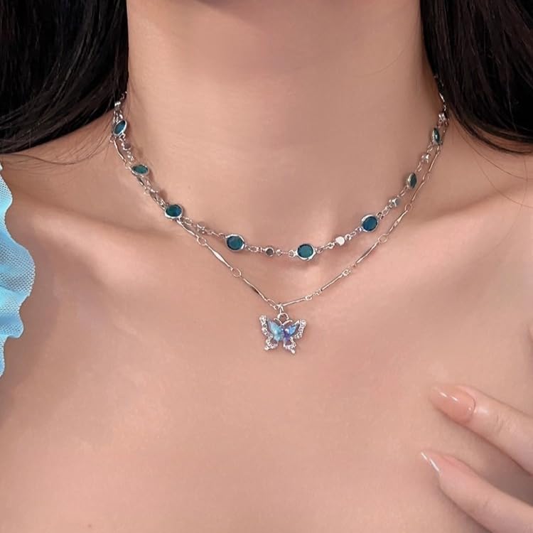 2Pcs/set Blue Butterfly Zircon Necklace Women Versatile Clavicle Chain Double Layer Necklaces Fashion Accessories