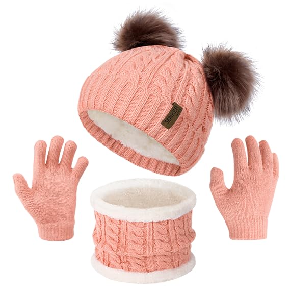 Kids Winter Hat Gloves Scarf Set, Beanie for Girls Boys
