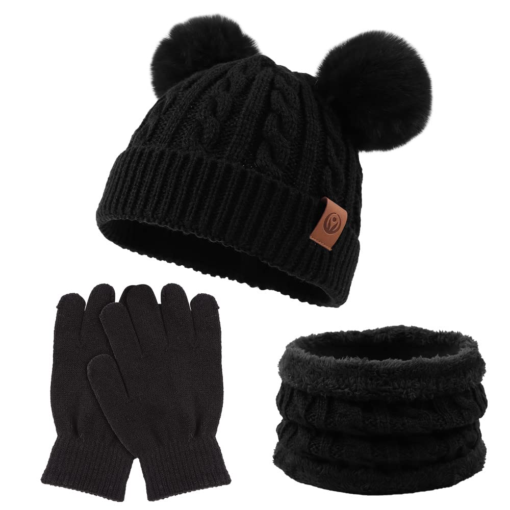 Yuoahcn Kids Winter Beanie Hat Scarf Gloves Set Knit Warm Toddler Winter Cap Gloves Neck Warmer for Boys Girls 1-8 Year
