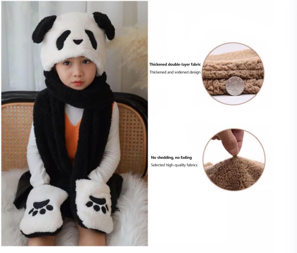 Winter Hat Gloves Scarf Set for Kids Cute Panda Movable Ears Warm Hood