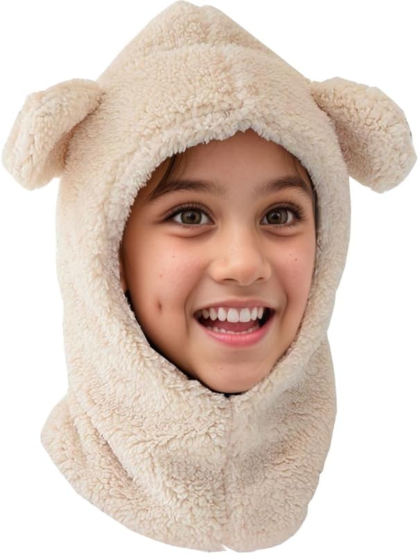 2 in 1 Kids Bear Hat Scarf Toddler Balaclava Winter Warm Beanies Cap Thick Fleece Skull Caps for Boys Girls