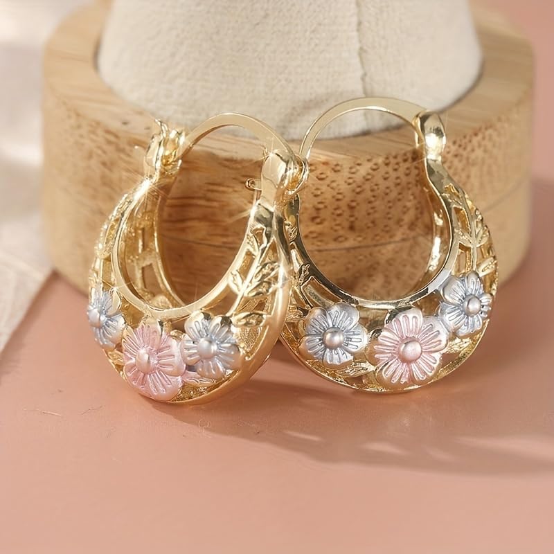 1 Pair of Elegant and Simple Flower Carved Golden Leaf Hoop Earrings, Elegant and Luxurious Women's Jewelry, Suitable for Daily Party and Gathering Accessories，Perfect Holiday Gift