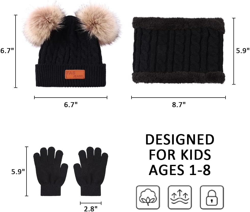 Yuoahcn Kids Winter Beanie Hat Scarf Gloves Set Knit Warm Toddler Winter Cap Gloves Neck Warmer for Boys Girls 1-8 Year