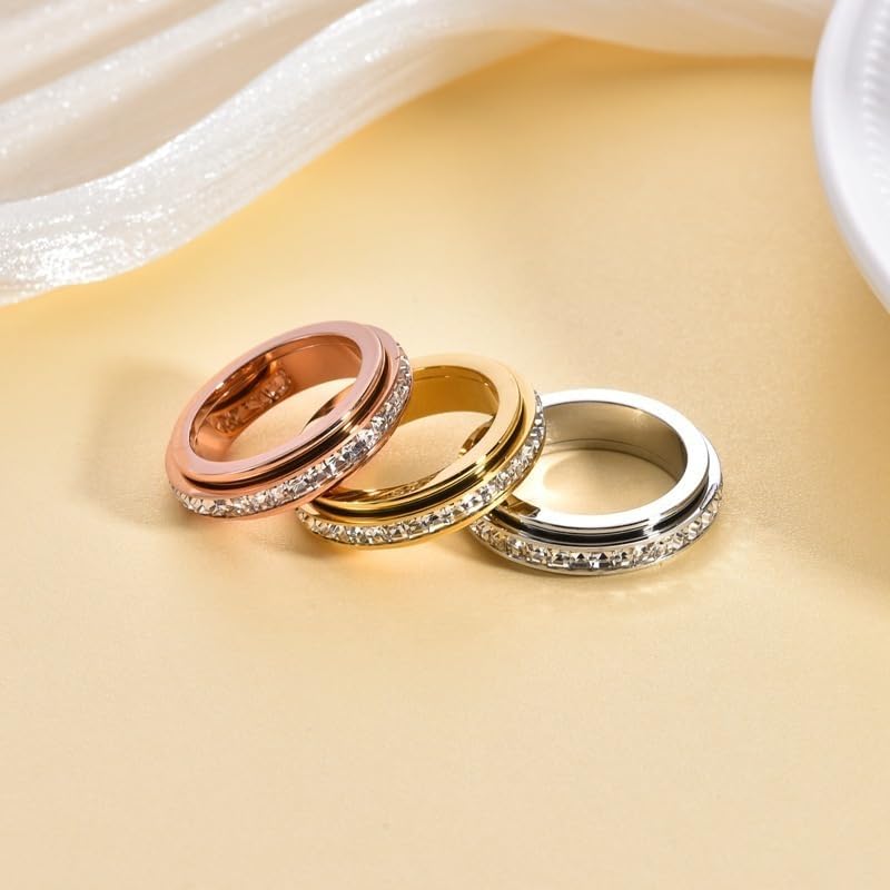 Pingyongchang Titanium Steel Spinner Fidget Band Rings for Women Men Cubic Zirconia Rotatable Anxiety Relief Ring Wedding Promise Statement Jewelry Sizes 5-12