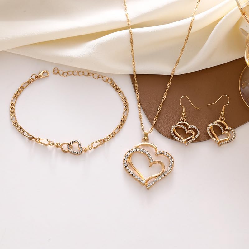 4PCS/Pack Luxury Double Heart Jewelry Set for Women, Hollow Big & Small Heart Crystal Zircon Necklace Earrings Bracelet Set, Elegant Gold Wedding Jewelry Valentine's Day Gifts