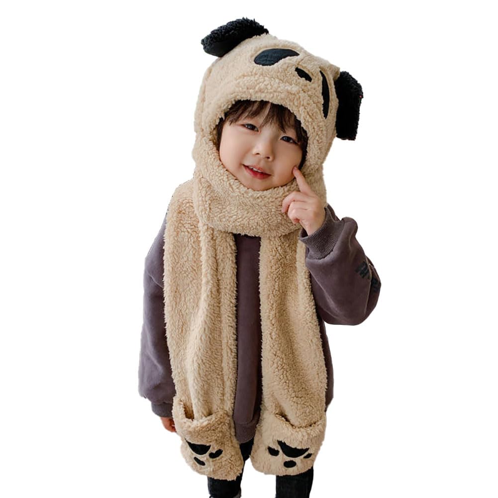 Winter Hat Gloves Scarf Set for Kids Cute Panda Movable Ears Warm Hood