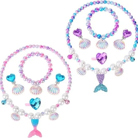 2 Sets Mermaid Fashion Jewelry Set for Girls, Princess Accessories for Dress-up, Birthday Party & Costume Play Mermaid Necklace, Bracelet, Ring & Earrings for Girls Age 3-8 Shell