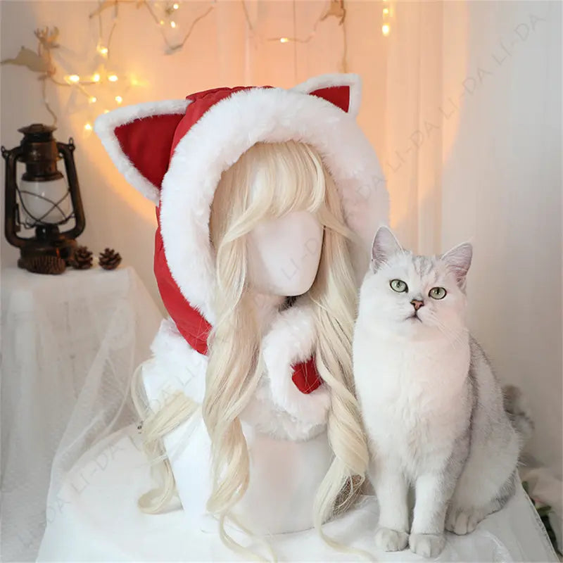 Cute Cat Ears Scarf Hood - Plush Faux Fur Women's Winter Hat with Thermal Lined Ears & Neck Warmer for Christmas Festival