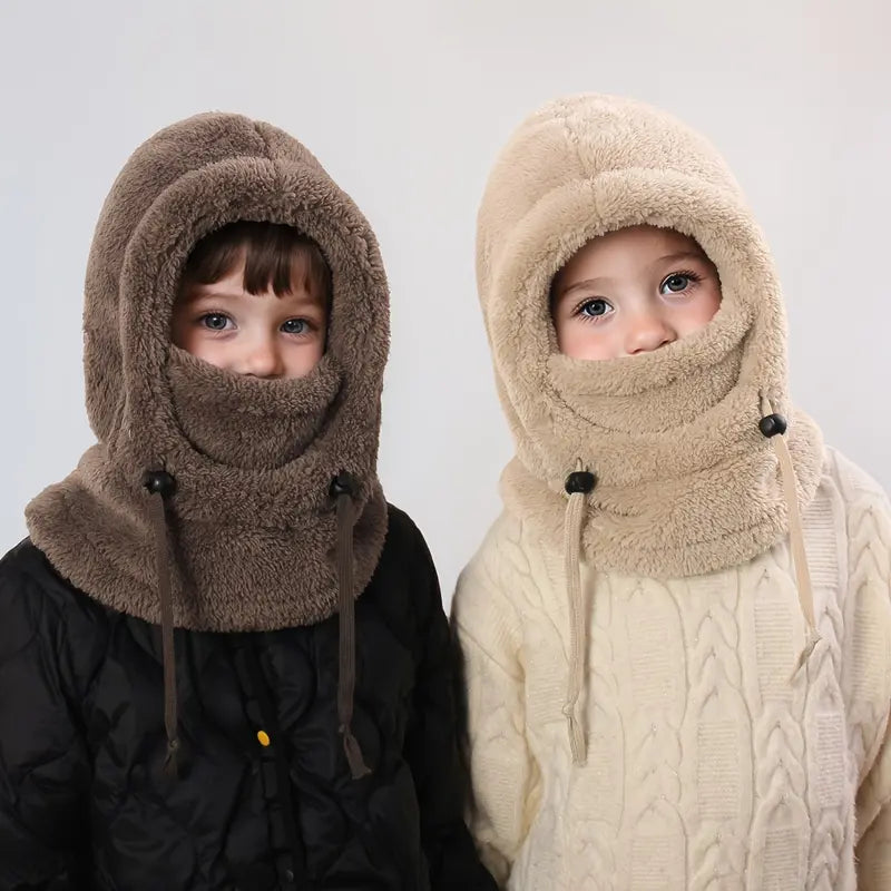 Kids' Windproof Thermal Balaclava Full Face Mask (Ages 3-10) - Soft Fleece, Detachable Hood Collar, Neck Warmer Hat, Motorcycle Protective Gear, Neck-to-Face Cover, Windproof Seal, Hand Wash (Black, Khaki, Pink) - Khaki 1