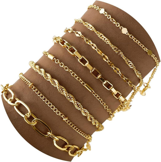 IFKM Gold Bracelets for Women, 14K Gold Plated Dainty Link Chain Bracelet set, Trendy Stackable Layered Bracelets jewelry Gifts