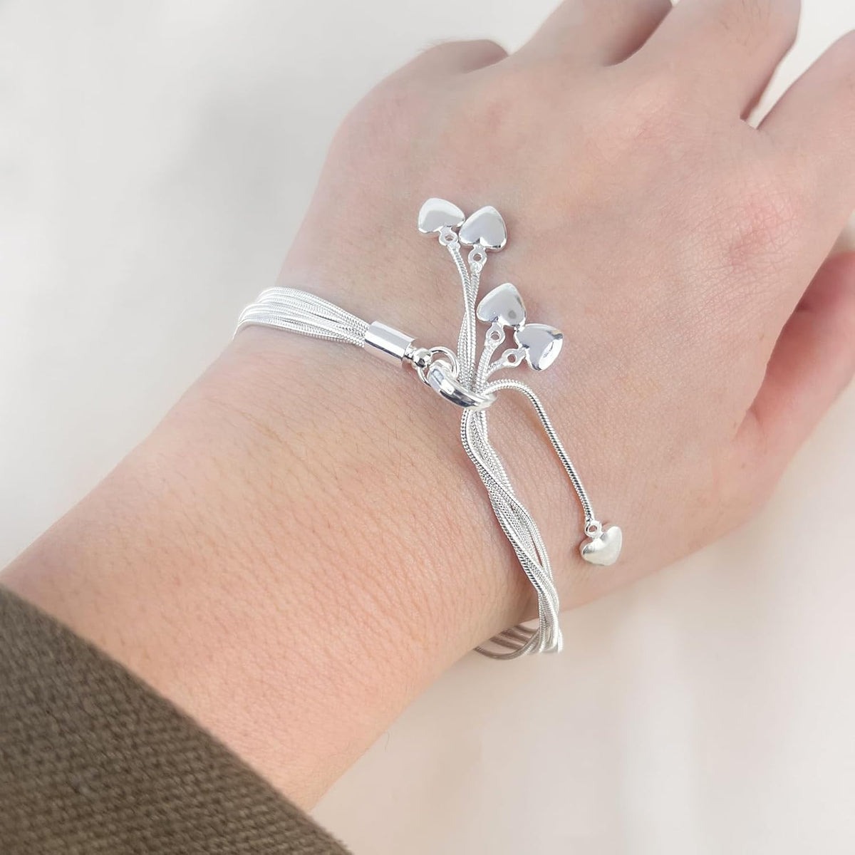 Delicate 5-Line 925 Sterling Silver Bracelet & Heart Charm Stacking Set