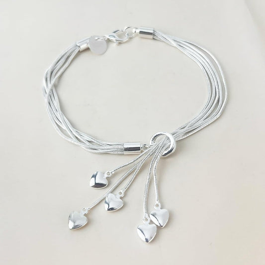 Delicate 5-Line 925 Sterling Silver Bracelet & Heart Charm Stacking Set