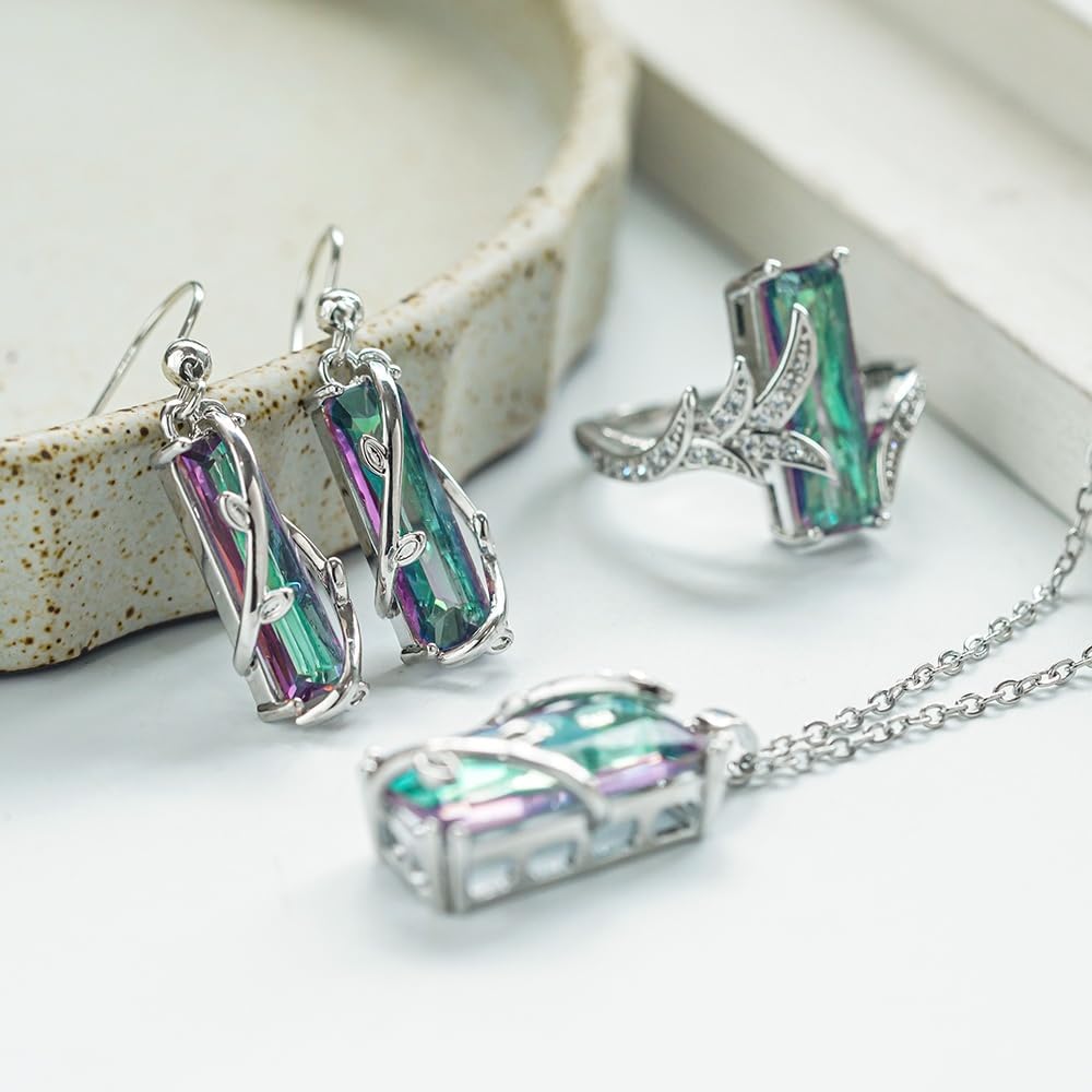 Fancy Multicolored Rectangular CZ Necklace Earrings Ring Chic Jewelry Set