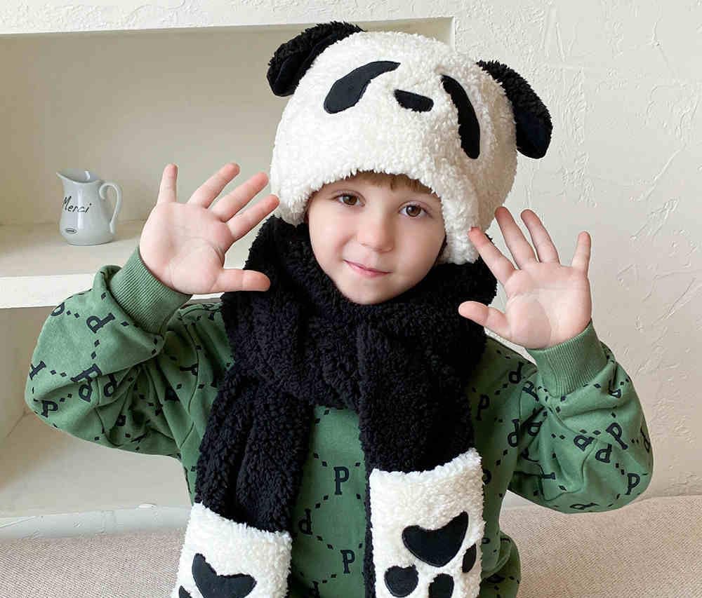 Winter Hat Gloves Scarf Set for Kids Cute Panda Movable Ears Warm Hood