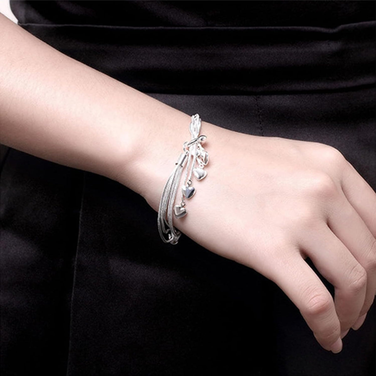 925 Sterling Silver Five-Line Chain & Heart Charm Bracelet Set – Elegant Stackable Bangle