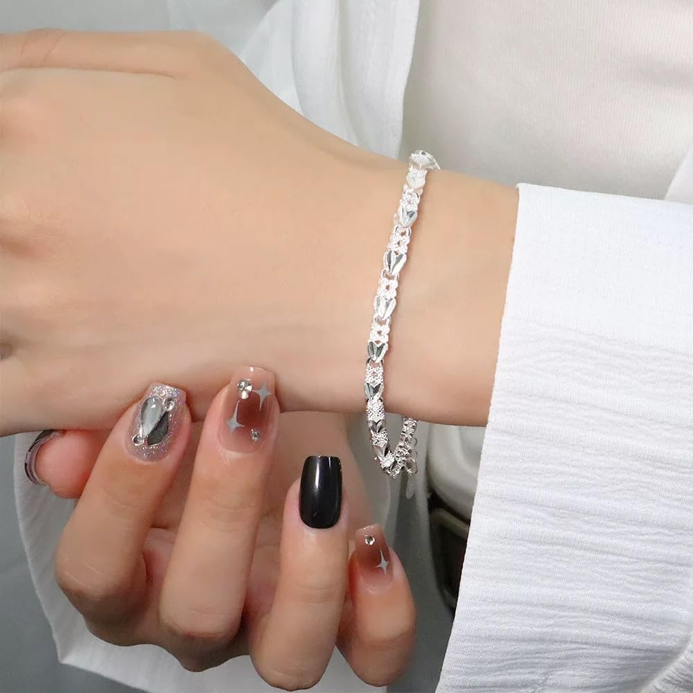 925 Floral Chain Bracelet for Women, Lightweight Adjustable Silvery Jewelry, Suitable for Daily Wear and Party, Gift Option