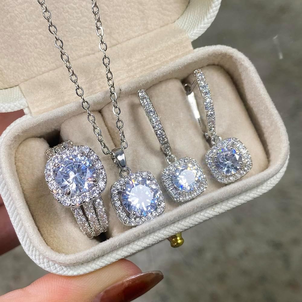 Luxury Brilliant Necklace Earrings Rings Women Charming Wedding Jewelry Set