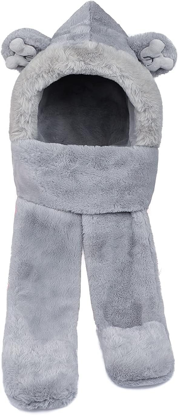 Kids Winter Hat Scarf Mittens 3 in 1 Faux Fur Hat Hooded Scarf Earflap Cap Neck Warmer Fuzzy Hoodie Ski Snow Cap Gloves Set