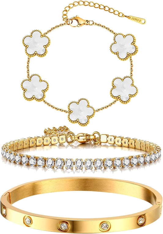 YOUNGGRACE 18K Gold Plated Bracelet Sets for Women - 3PCS Stackable Bracelets Including Bangle, Tennis Chain & Four Leaf Clover Bracelet, Elegant Gold Jewelry Set for Everyday Wear, Gift for Her