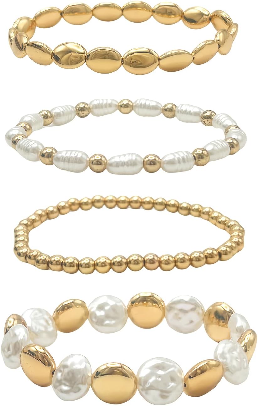 4 Sets Stackable Gold Plated Bracelets – Acrylic Pearl Stretch Multilayered Bracelet Set for Women, Multi Style Jewelry Gift