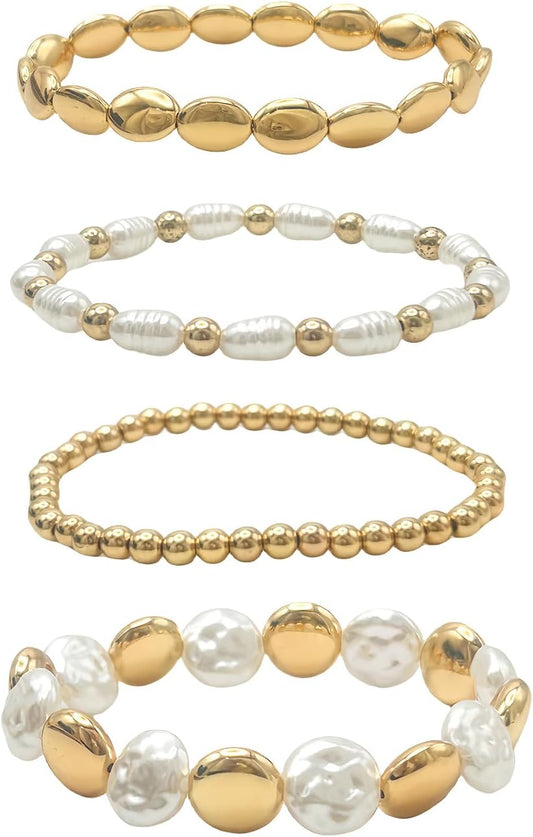 4 Sets Stackable Gold Plated Bracelets – Acrylic Pearl Stretch Multilayered Bracelet Set for Women, Multi Style Jewelry Gift