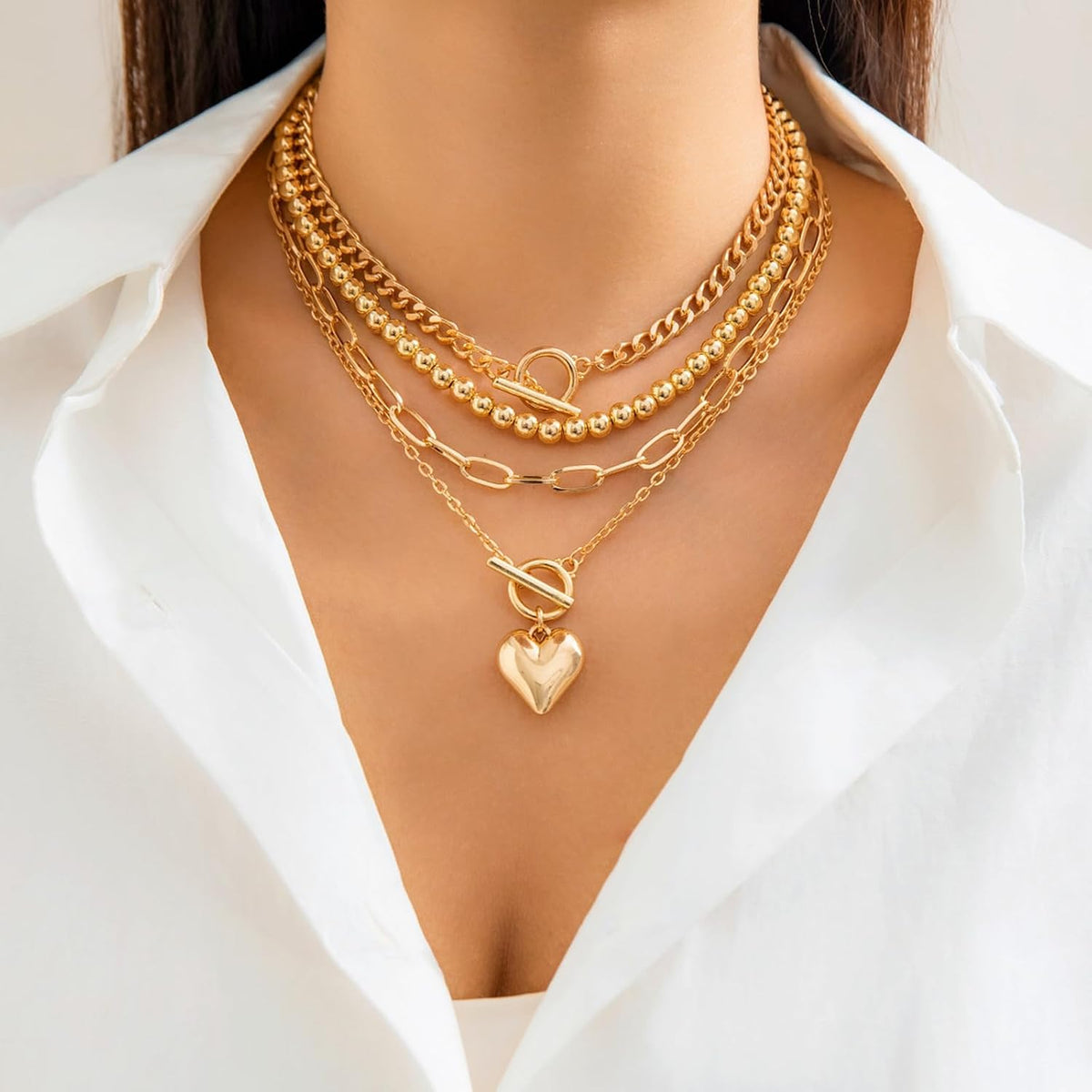 Women's Hip Hop Necklace Set - 4-Piece Chunky Chain Jewelry with Beaded Choker, T-Bar Toggle Clasp, Paperclip, Herringbone & Cuban Link Ropes for Edgy Style