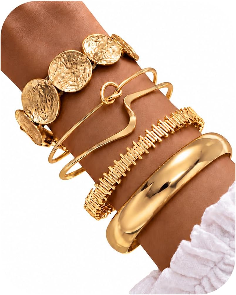 5Pcs Gold Bangle Bracelets for Women, Chunky Stackable Cuff Bracelet Set