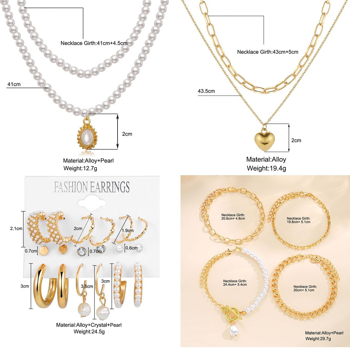 120PCS Gold Jewelry Sets For Women, With 7 Necklace,12 Bracelet,30pcs Hoop Earring,59pcs stud earrings and 12pcs cuff Ear Earrings Friendship for Happy Gifts