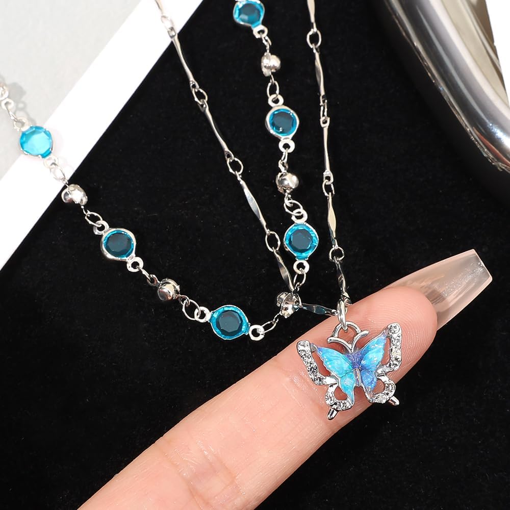 2Pcs/set Blue Butterfly Zircon Necklace Women Versatile Clavicle Chain Double Layer Necklaces Fashion Accessories